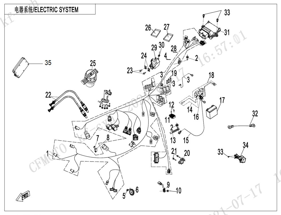 vue éclatée electric system - cfmoto cf650mt a2 euro 5 avec valises 2023