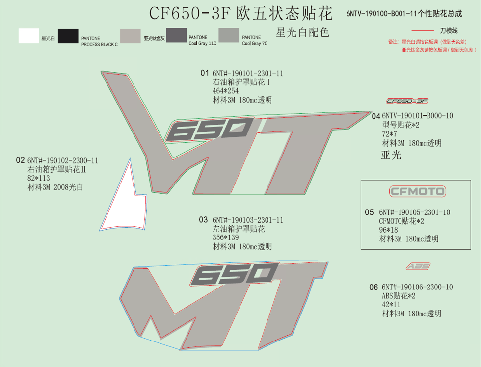 vue éclatée decal nebula white - cfmoto cf650mt a2 euro 5 avec valises 2023