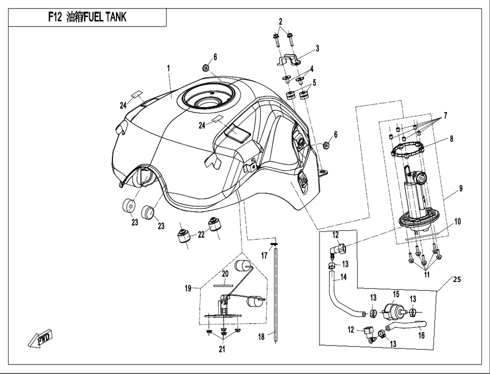 vue éclatée fuel tank - cfmoto cf650mt a2 euro 5 avec valises 2023