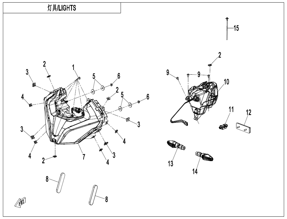 vue éclatée lights - cfmoto cf450 sr tc am26 e5+ 2026