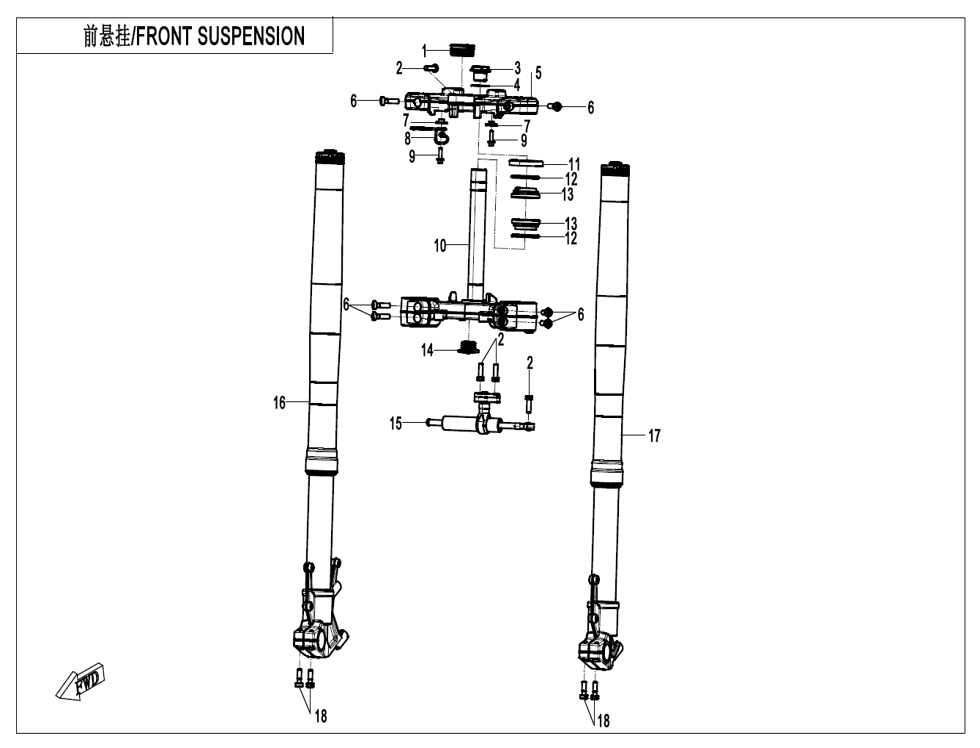 vue éclatée front suspension - cfmoto cf 800 mt-x euro 5+ 2025