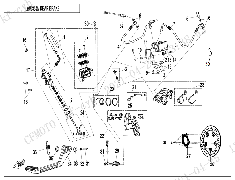 vue éclatée rear brake abs - cfmoto cf650 nk a2 euro v facelift 2022