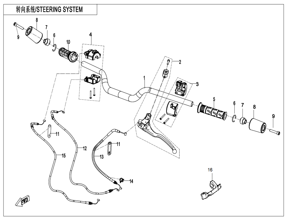 vue éclatée steering system - cfmoto cf650 nk a2 euro v facelift 2022