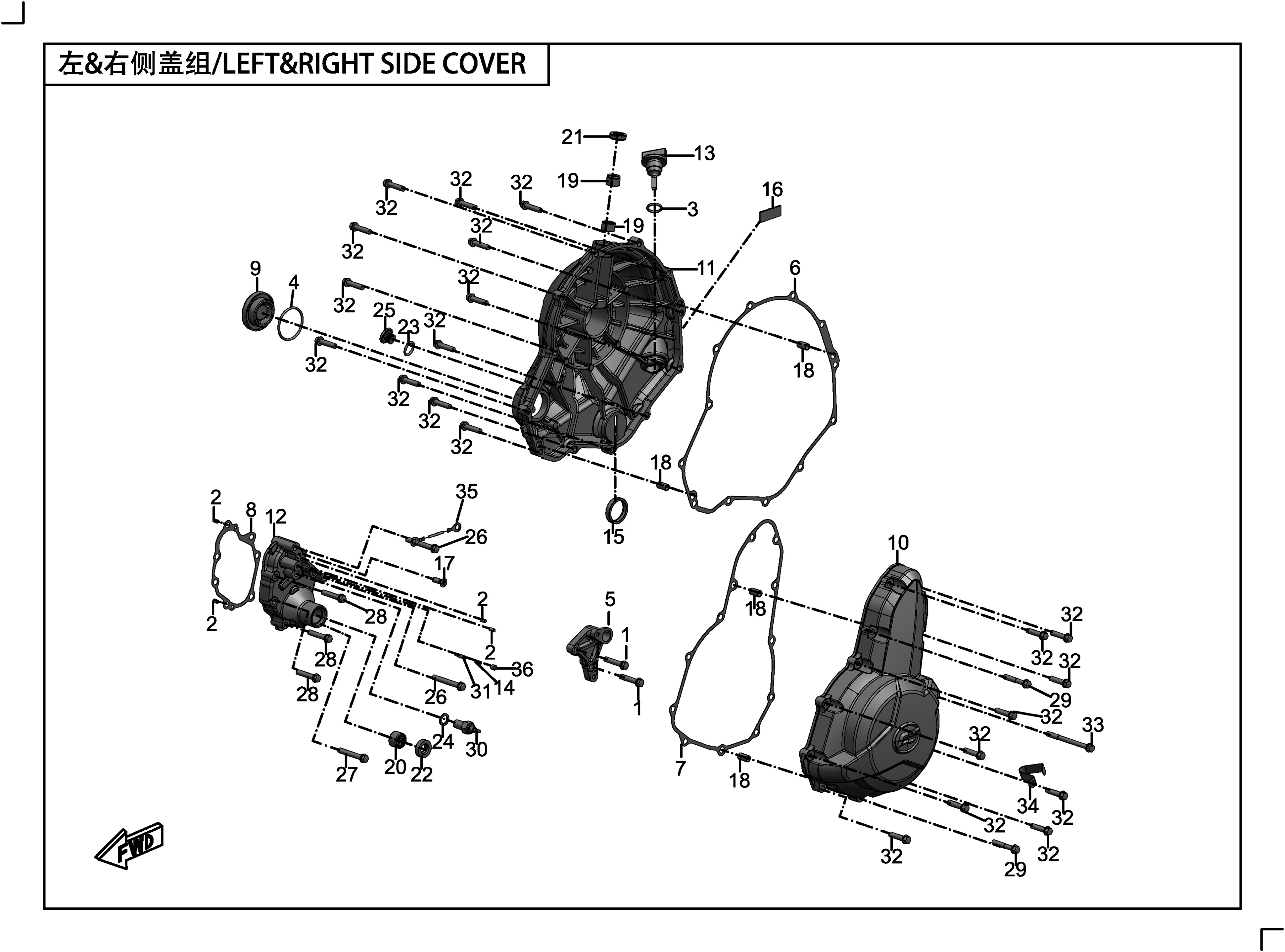 vue éclatée left& right side cover - cfmoto 400 gt abs 2019