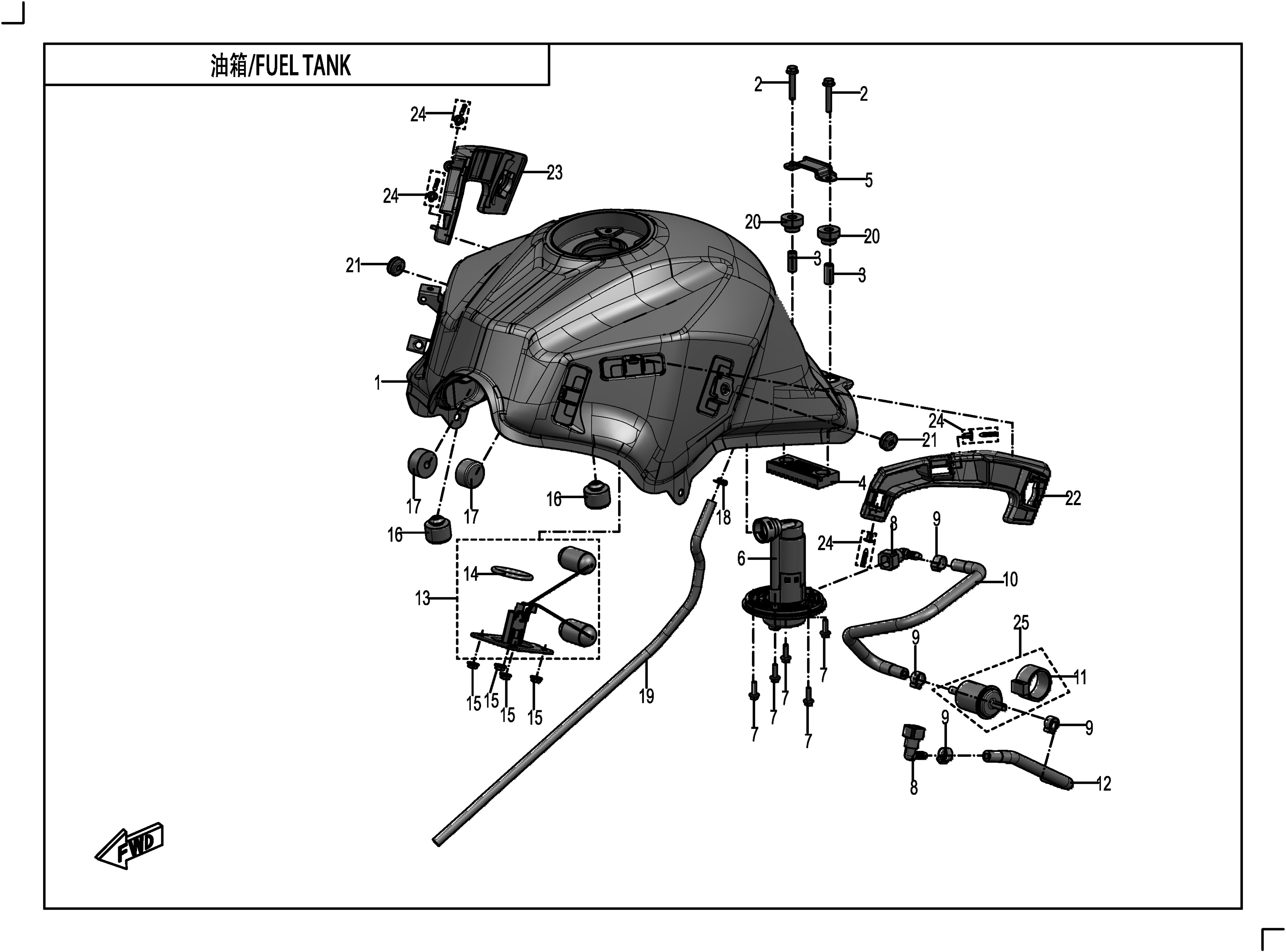 vue éclatée fuel tank - cfmoto 400 gt abs 2019