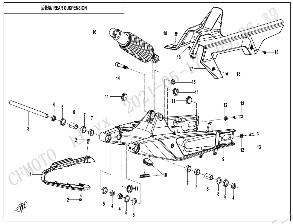vue éclatée rear suspension - cfmoto cf 800mt sport 2022