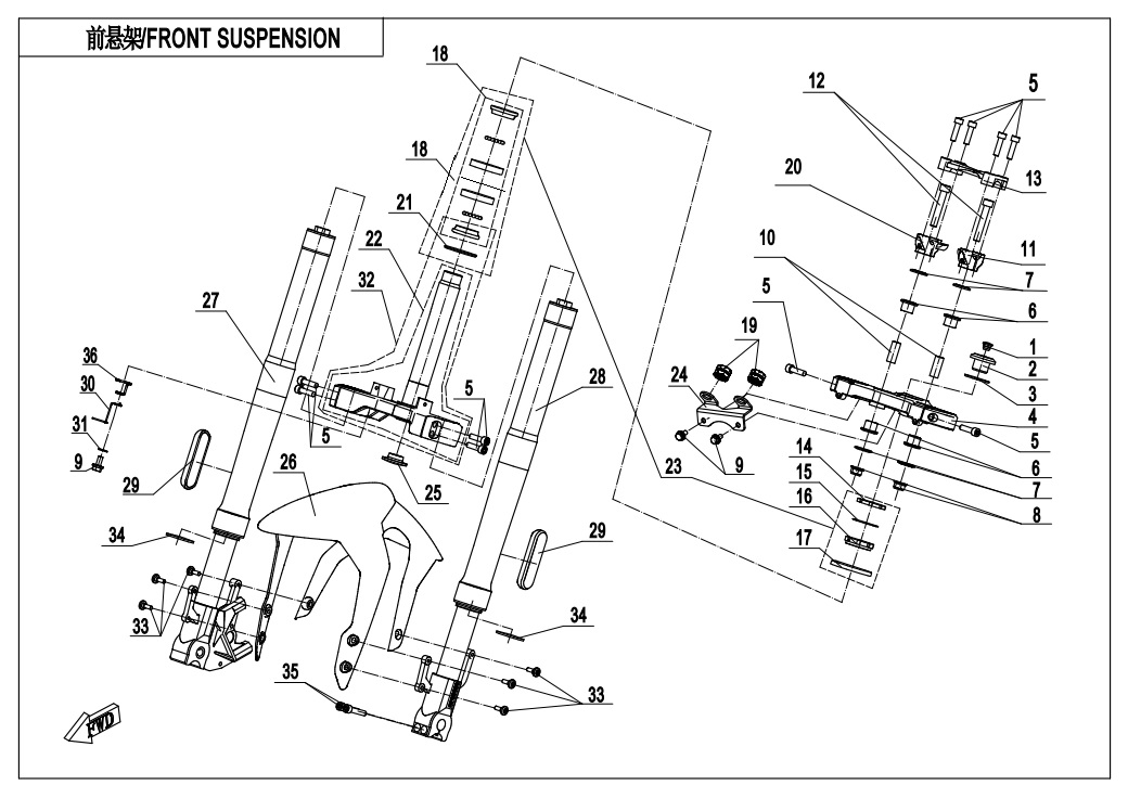 vue éclatée front suspension - cfmoto cf300nk 2020