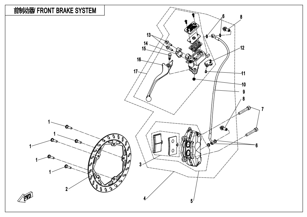 vue éclatée front brake system hangte - cfmoto cf300nk 2020