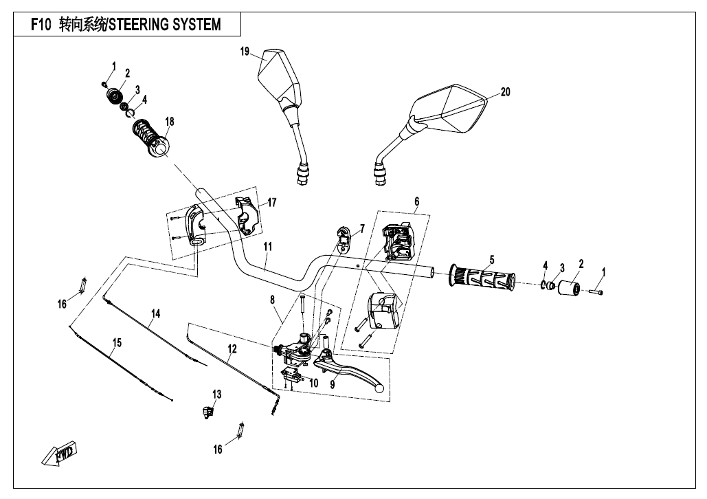 vue éclatée steering system non hand guard - cfmoto 650 mt abs with side box 2019