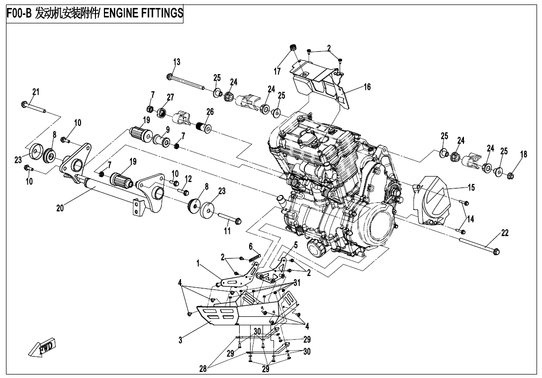 vue éclatée engine fittings for aluminium lower guard - cfmoto 650 mt abs with side box 2019