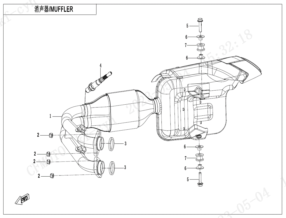 vue éclatée muffler - cfmoto cf450 sr-s 2024