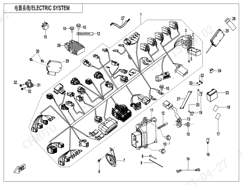 vue éclatée electric system - cfmoto cf450 sr-s 2024