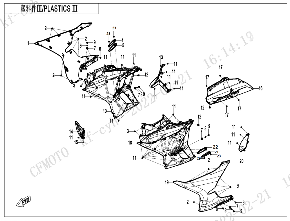 vue éclatée plastics 3 - cfmoto cf450 sr 2023