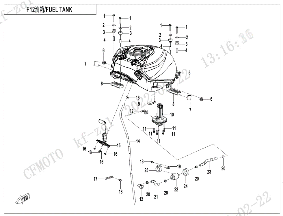 vue éclatée fuel tank - cfmoto cf450 sr 2023