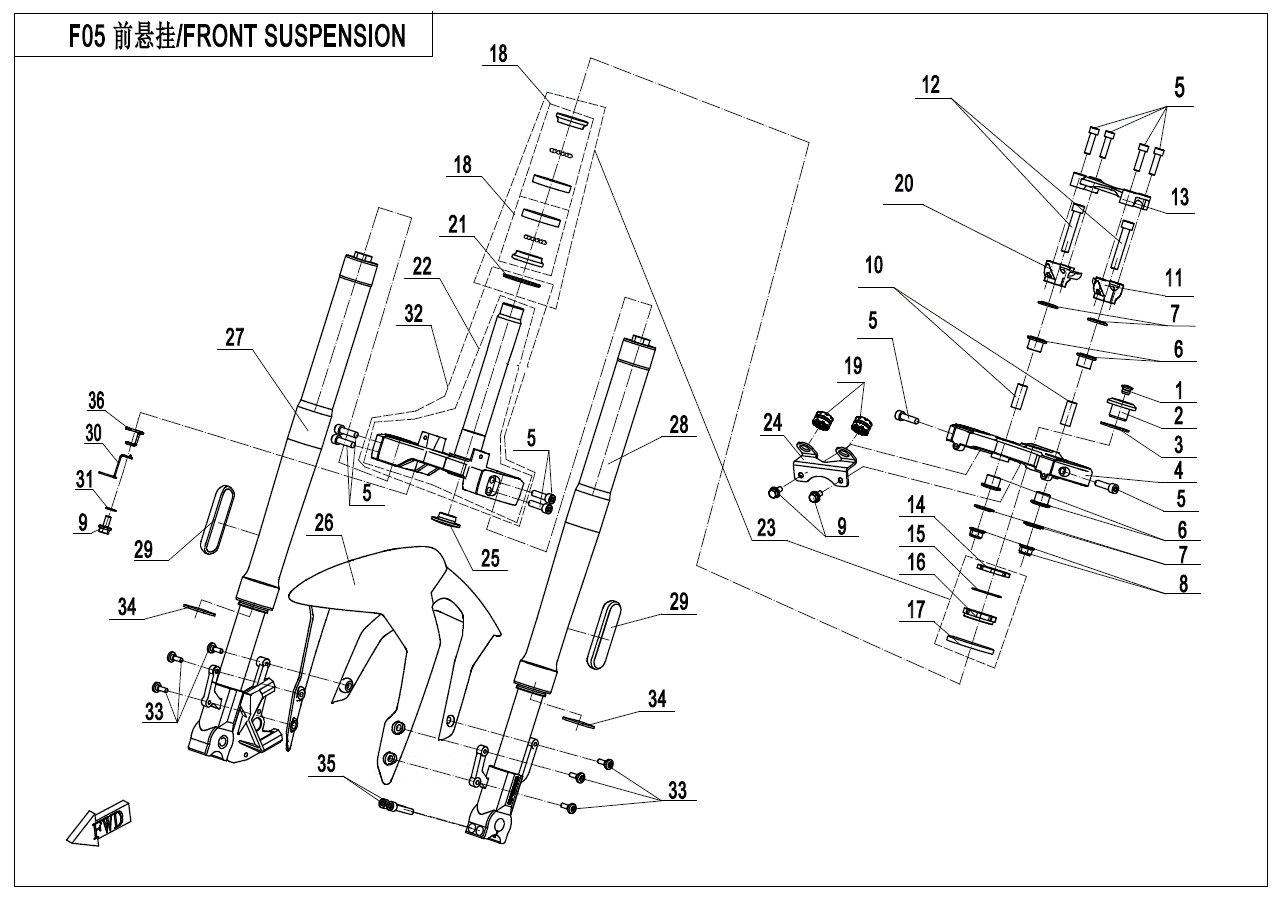 vue éclatée suspension avant - cfmoto cf300nk euro 5 2021