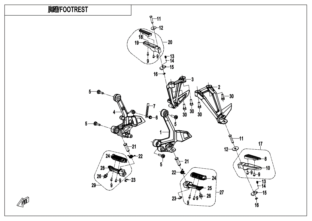 vue éclatée repose-pieds - cfmoto cf300nk euro 5 2021