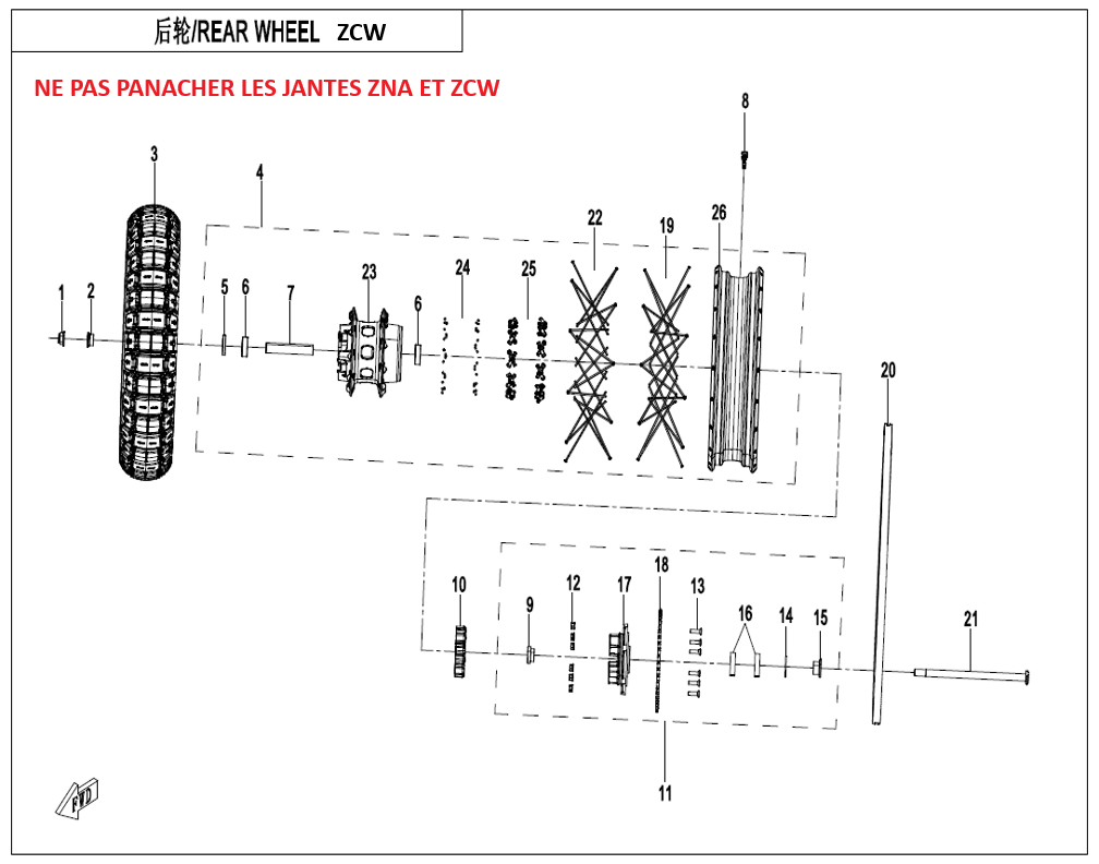 vue éclatée rear wheel zcw - cfmoto cf 450 mt euro 5+ 2025