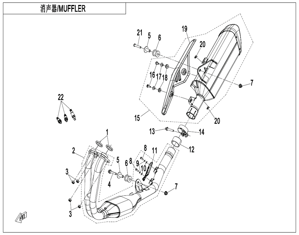 vue éclatée muffler - cfmoto cf 450 mt euro 5+ 2025