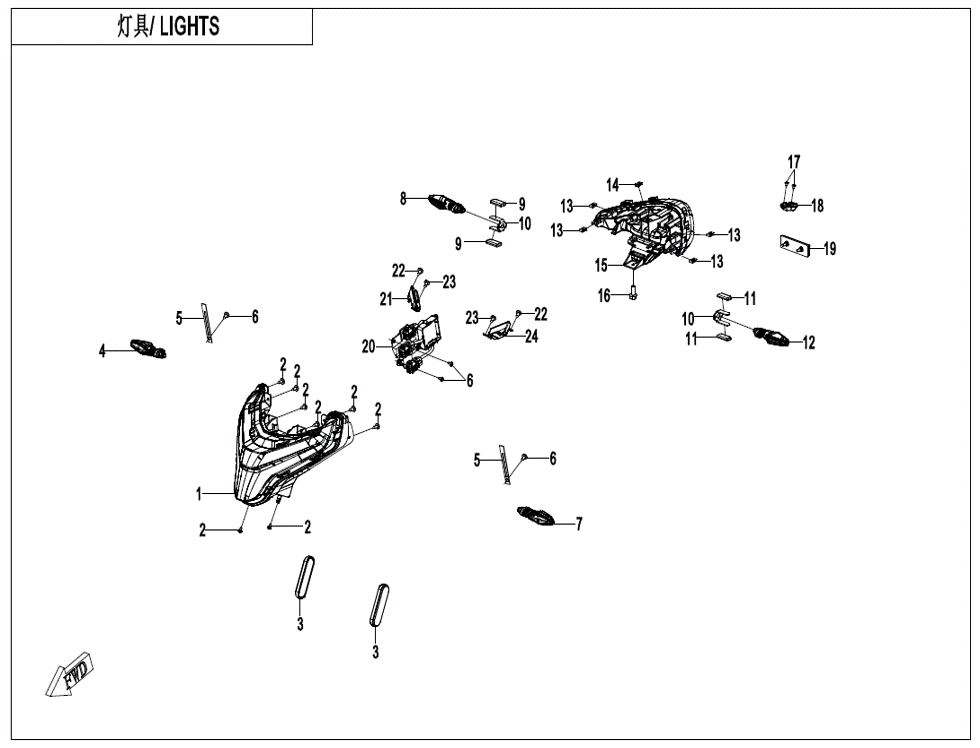 vue éclatée lights - cfmoto cf800 nk advance 2023