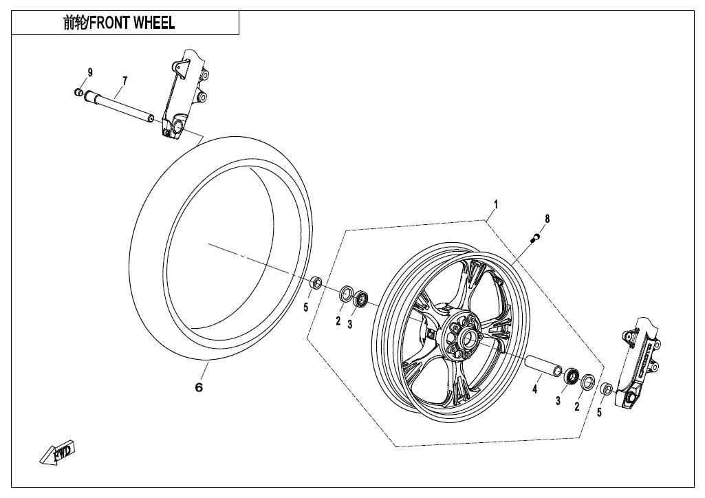 vue éclatée front wheel silver black-rim - cfmoto 400 nk abs 2019