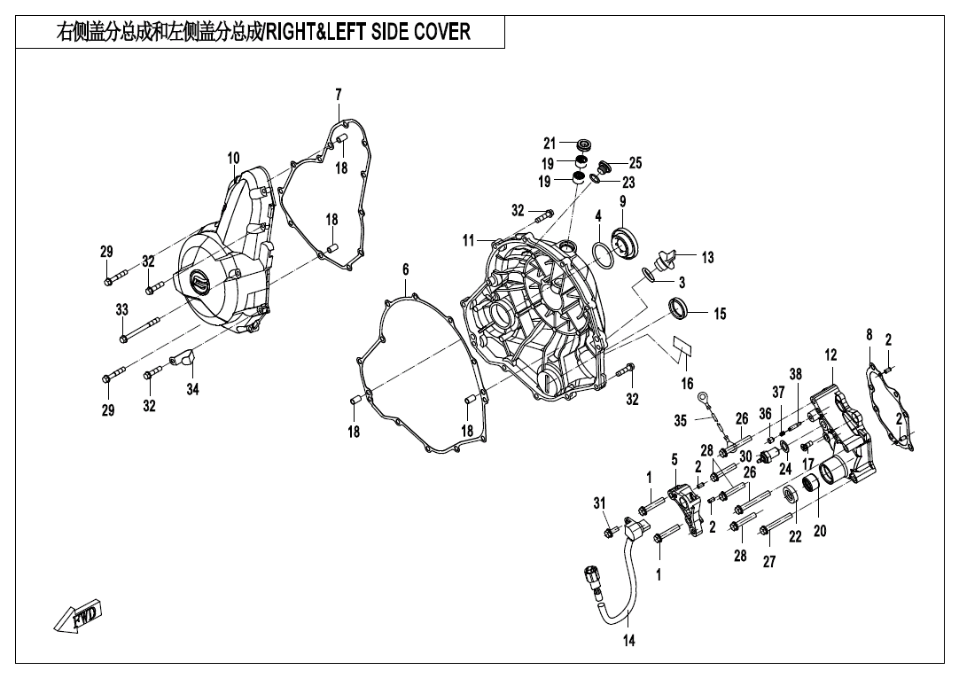 vue éclatée right&left side cover - cfmoto 400 nk abs 2019