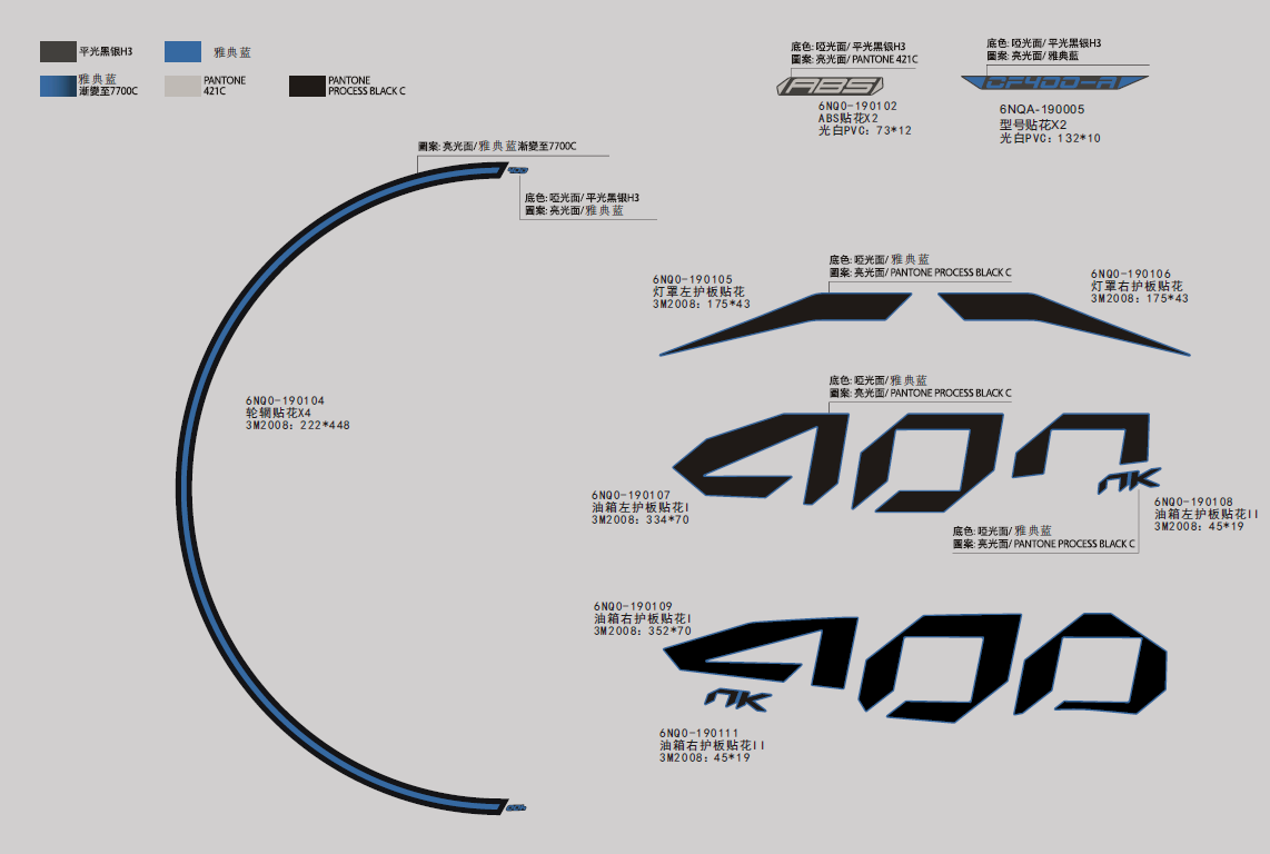 vue éclatée decal athens blue - cfmoto 400 nk abs 2019