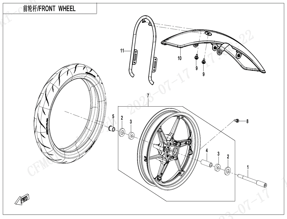 vue éclatée front wheel - cfmoto cf450 clc 2024
