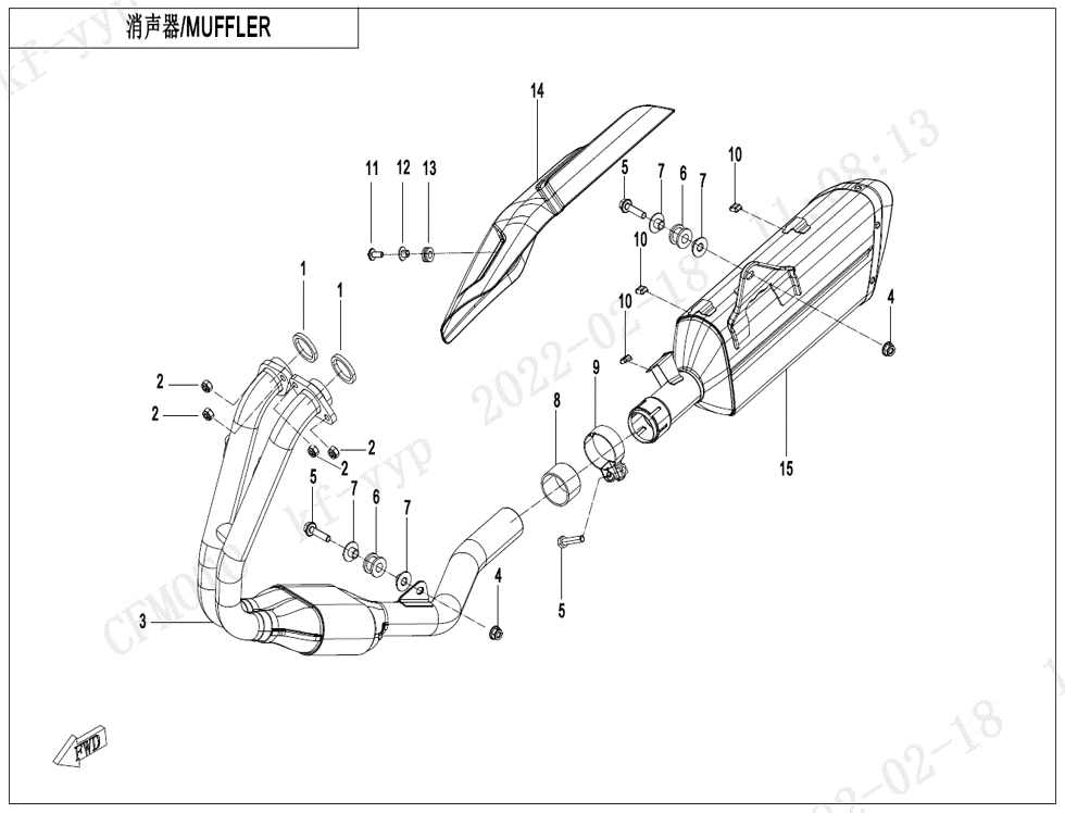 vue éclatée muffler - cfmoto cf450 sr 2022