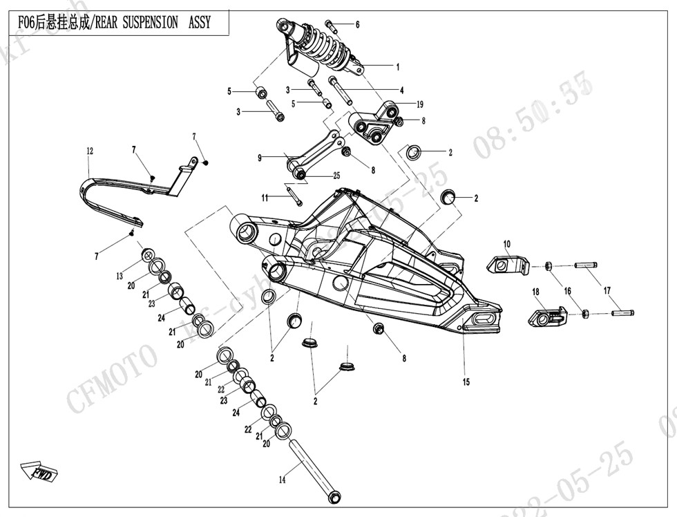 vue éclatée suspension arriere - cfmoto cf700cl-x adventure euro 5 2023