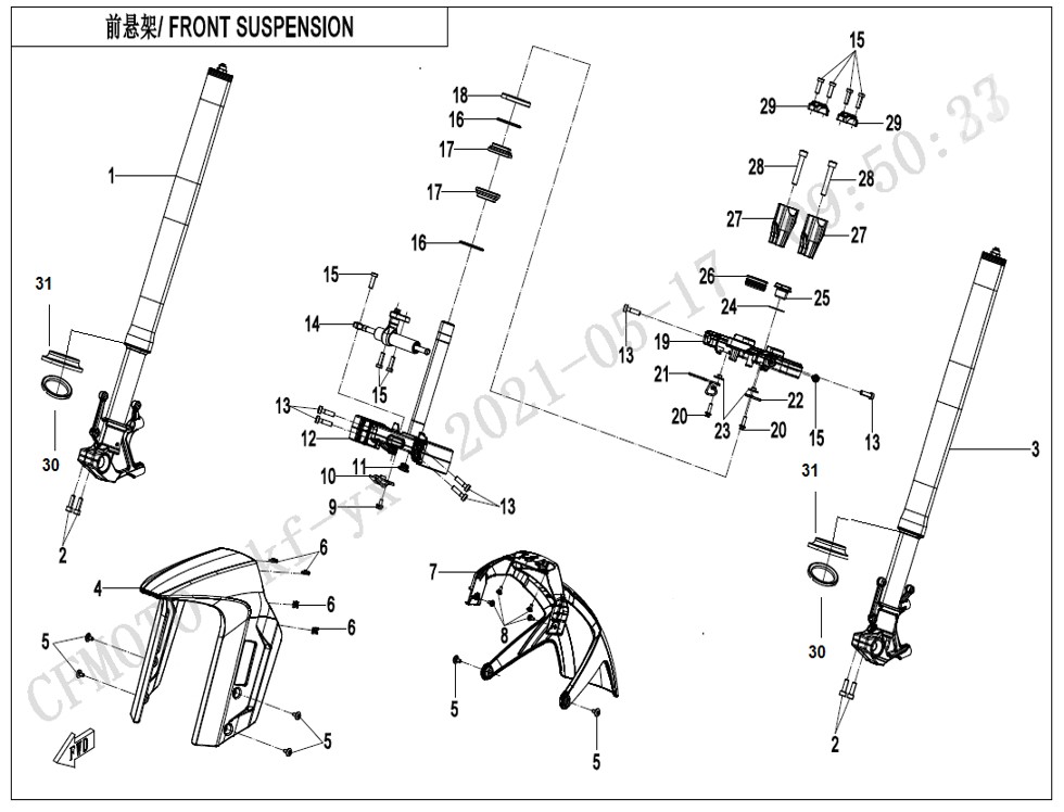 vue éclatée front suspension - cfmoto cf 800mt explore edition 2023