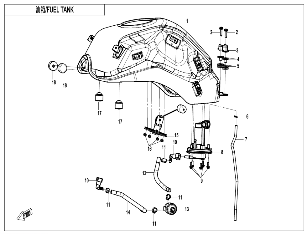vue éclatée fuel tank - cfmoto cf700 mt 2023