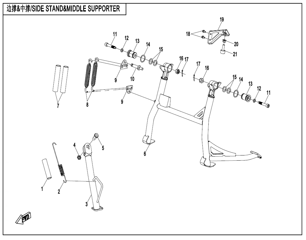 vue éclatée side stand&middle supporter - cfmoto cf800mt explore electronic suspension 2026