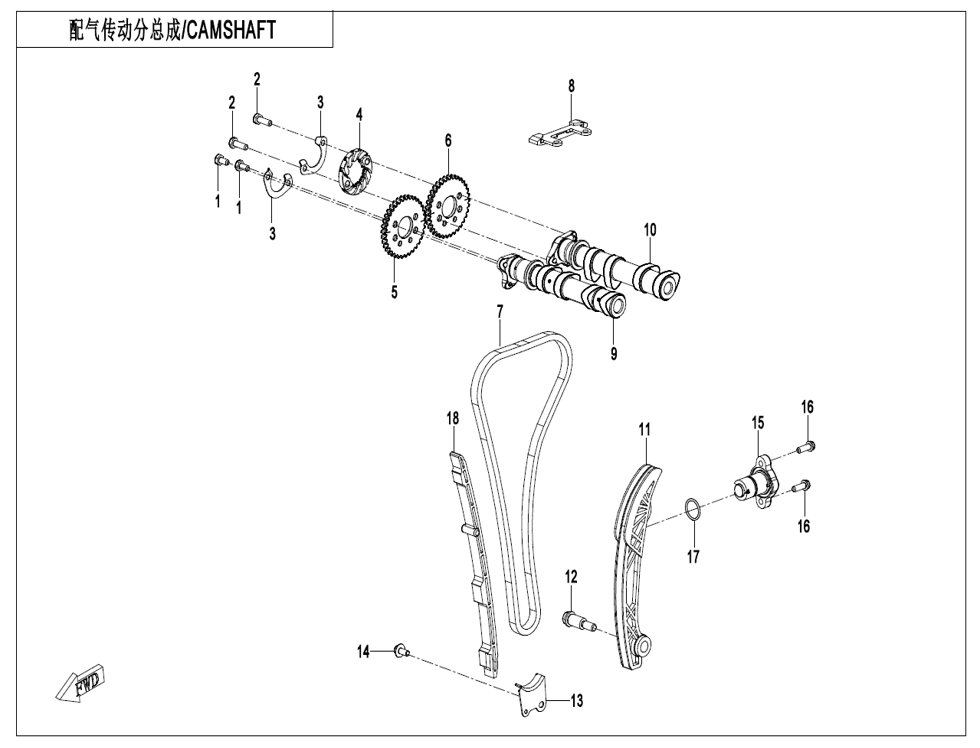 vue éclatée camshaft - cfmoto cf400 sr tc champ e5+ 2025