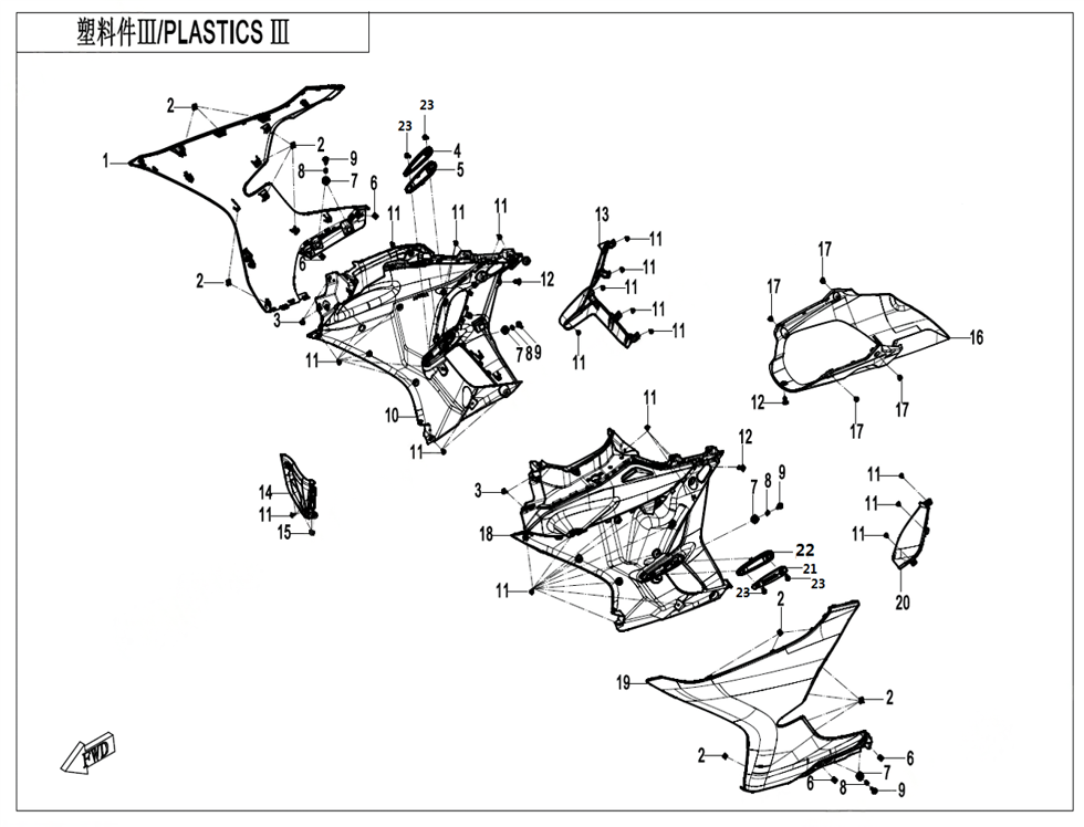 vue éclatée plastics 3 - cfmoto cf400 sr tc champ e5+ 2025