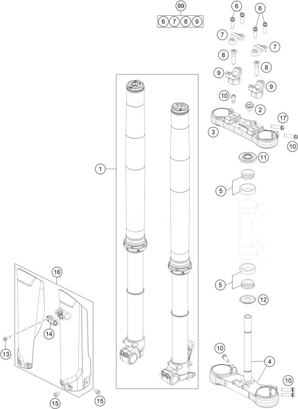 vue éclatée fourche téléscopique, té de fourche - gasgas mc 85 17/14 2027