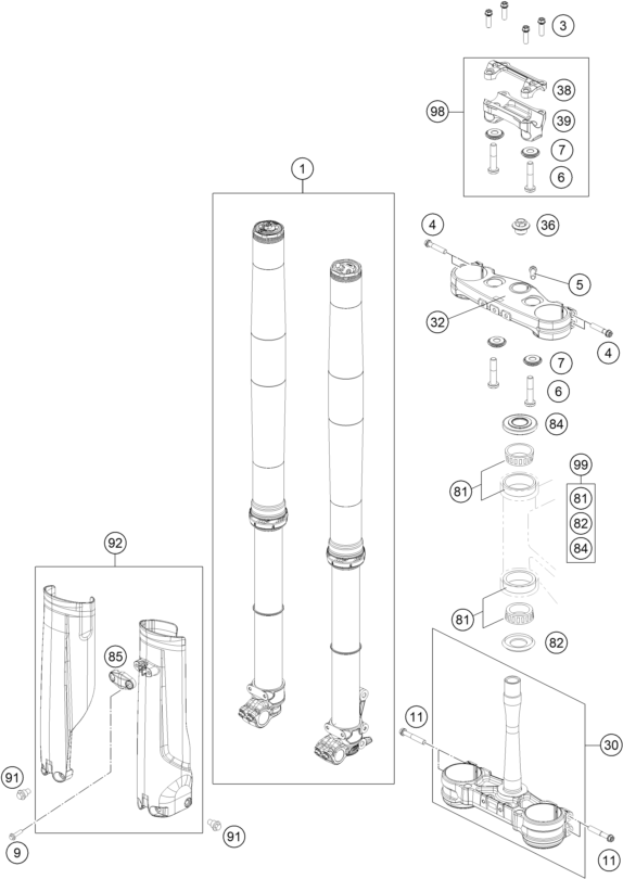 vue éclatée fourche téléscopique, té de fourche - gasgas mc 125 2027