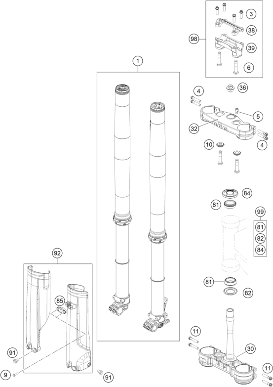vue éclatée fourche téléscopique, té de fourche - gasgas mc 450f 2027