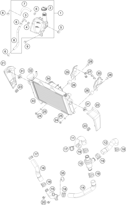 vue éclatée système de refroidissement - ktm 390 duke white abs eu 2013