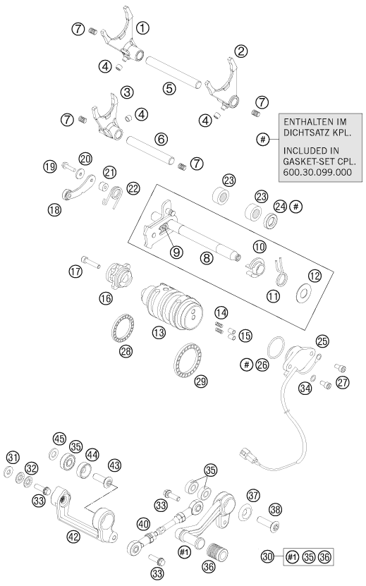 vue éclatée mécanisme de sélection - ktm 990 super duke r fr 2013