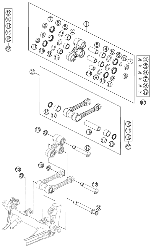 vue éclatée articulation de l'amortisseur pro lever - ktm 450 smr eu 2013