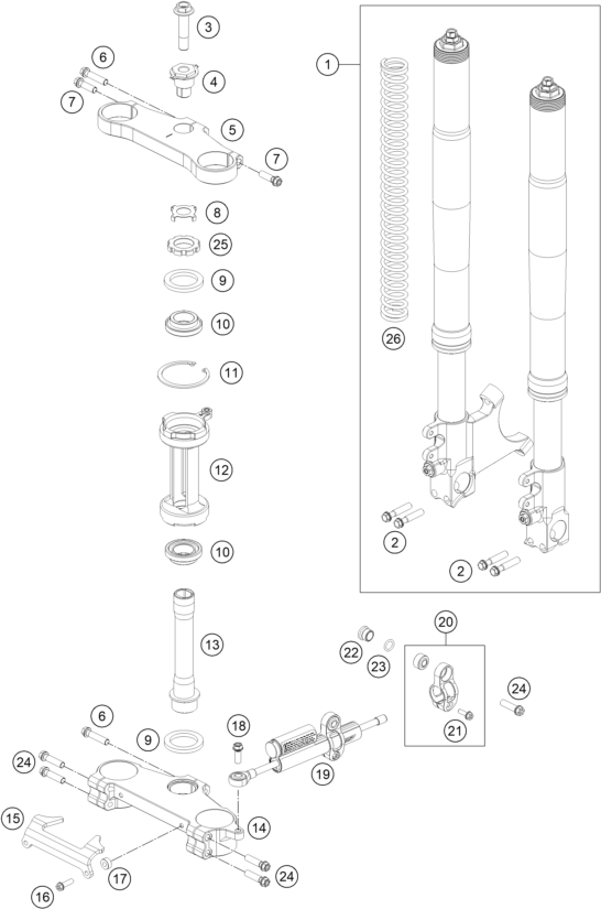 vue éclatée fourche téléscopique, té de fourche - ktm rc 250 r eu 2013