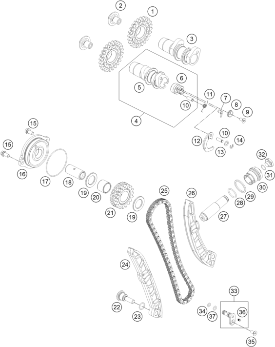 vue éclatée commande de distribution - ktm rc 250 r rookies eu 2013