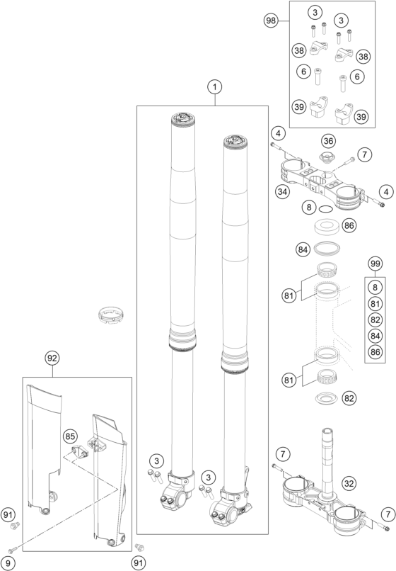 vue éclatée fourche téléscopique, té de fourche - ktm 125 exc six-days eu 2014