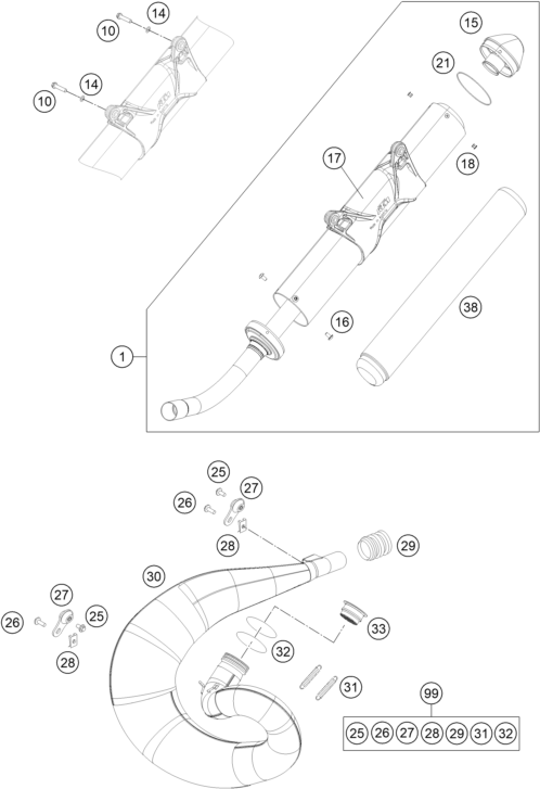 vue éclatée système d'echappement - ktm 250 exc au 2014