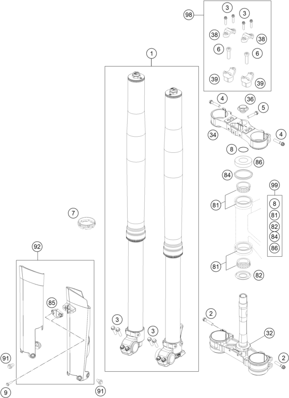 vue éclatée fourche téléscopique, té de fourche - ktm 300 exc six-days eu 2014