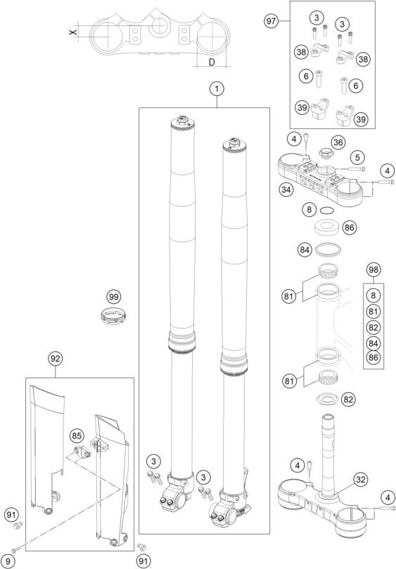 vue éclatée fourche téléscopique, té de fourche - ktm 300 exc eu 2014