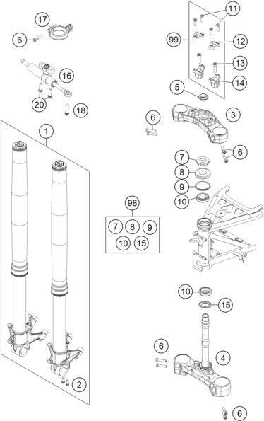 vue éclatée fourche téléscopique, té de fourche - ktm 1190 adventure abs orange fr 2014