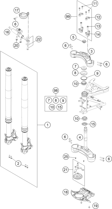 vue éclatée fourche téléscopique, té de fourche - ktm 1190 adventure r abs fr 2014