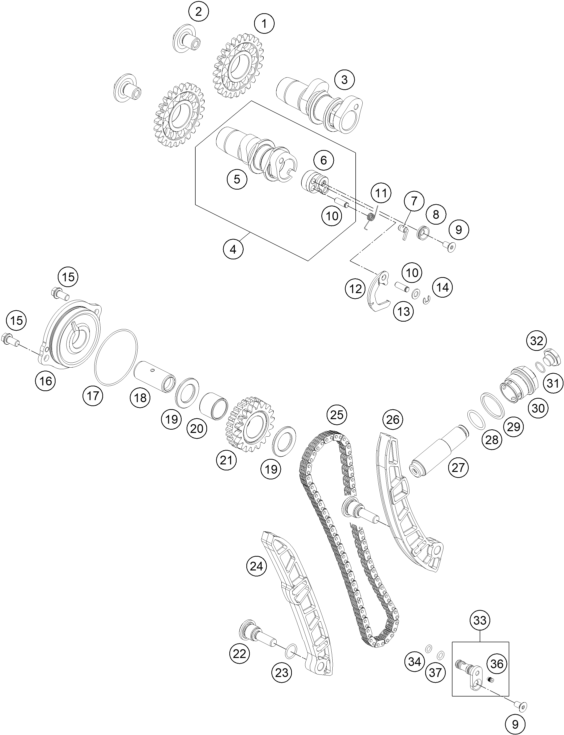 vue éclatée commande de distribution - ktm rc 250 r eu 2014