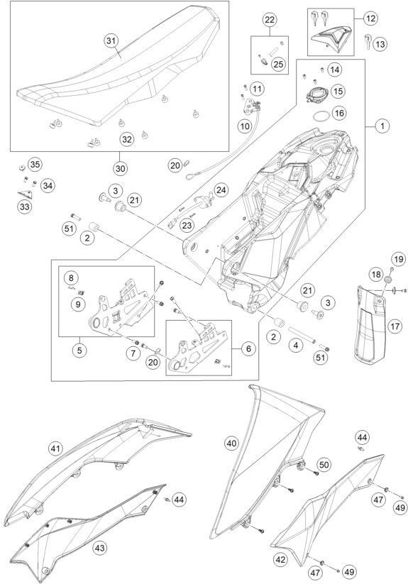 vue éclatée réservoir, selle - ktm 690 enduro r abs au 2014